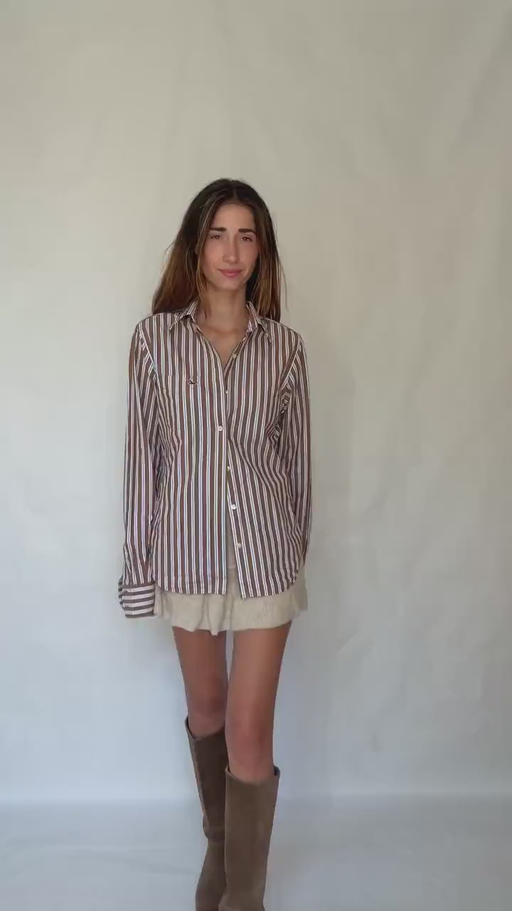 Boyfriend button up shirt, Hollister California Striped Cotton Shirt | Brown Blue White | Size S Menswear | Oversized Boyfriend Unisex Fit
