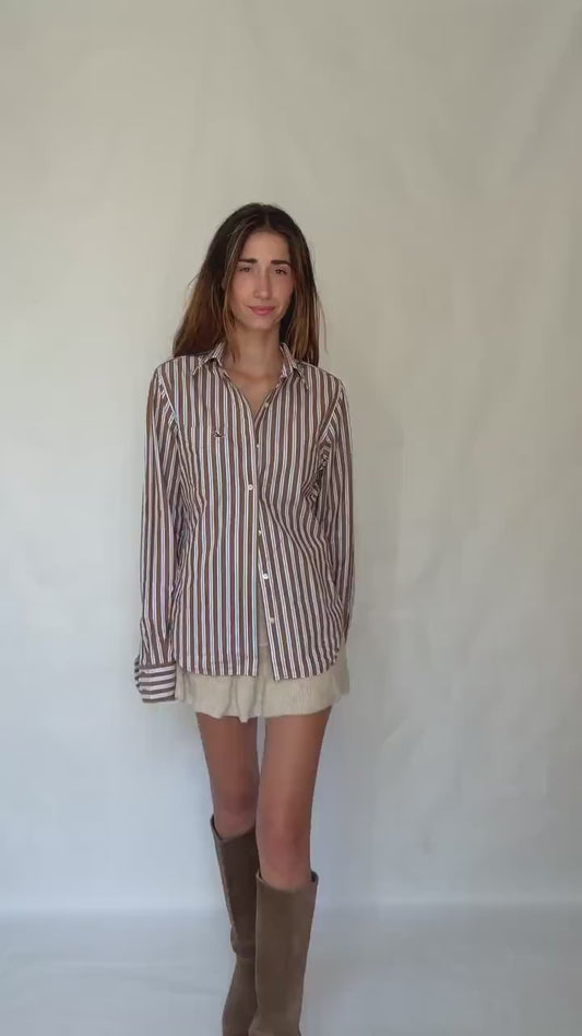 Boyfriend button up shirt, Hollister California Striped Cotton Shirt | Brown Blue White | Size S Menswear | Oversized Boyfriend Unisex Fit