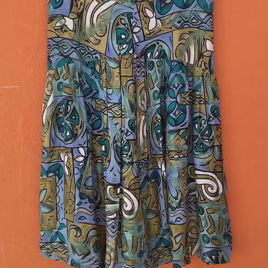 Vintage Abstract Print Skirt in Blue and Green Tones, High-Waist, 80s/90s Style, 1980s retro woman skirt, Playful summer wear