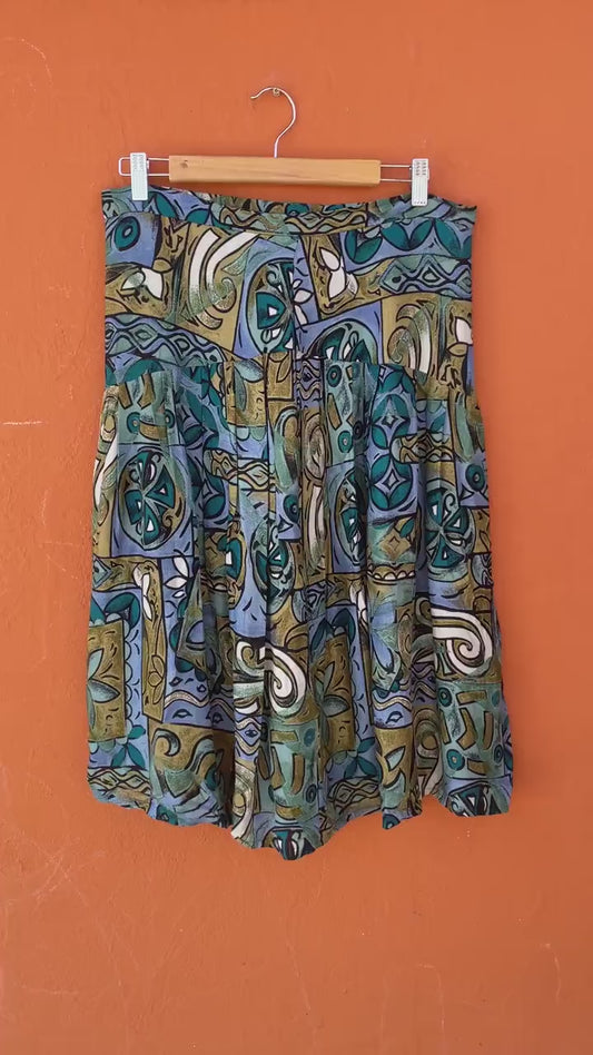 Vintage Abstract Print Skirt in Blue and Green Tones, High-Waist, 80s/90s Style, 1980s retro woman skirt, Playful summer wear