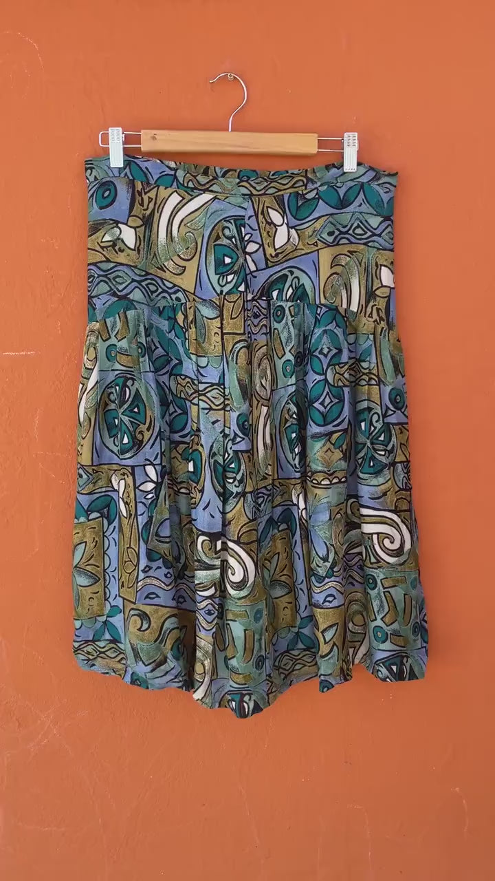 Vintage Abstract Print Skirt in Blue and Green Tones, High-Waist, 80s/90s Style, 1980s retro woman skirt, Playful summer wear