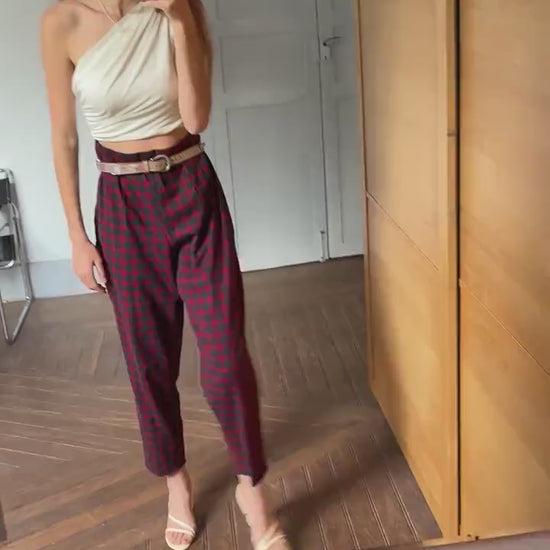 Vintage red plaid wool trousers punk inspired pants Gwen Stefani style 90s grunge tapered leg high waisted tailored fit
