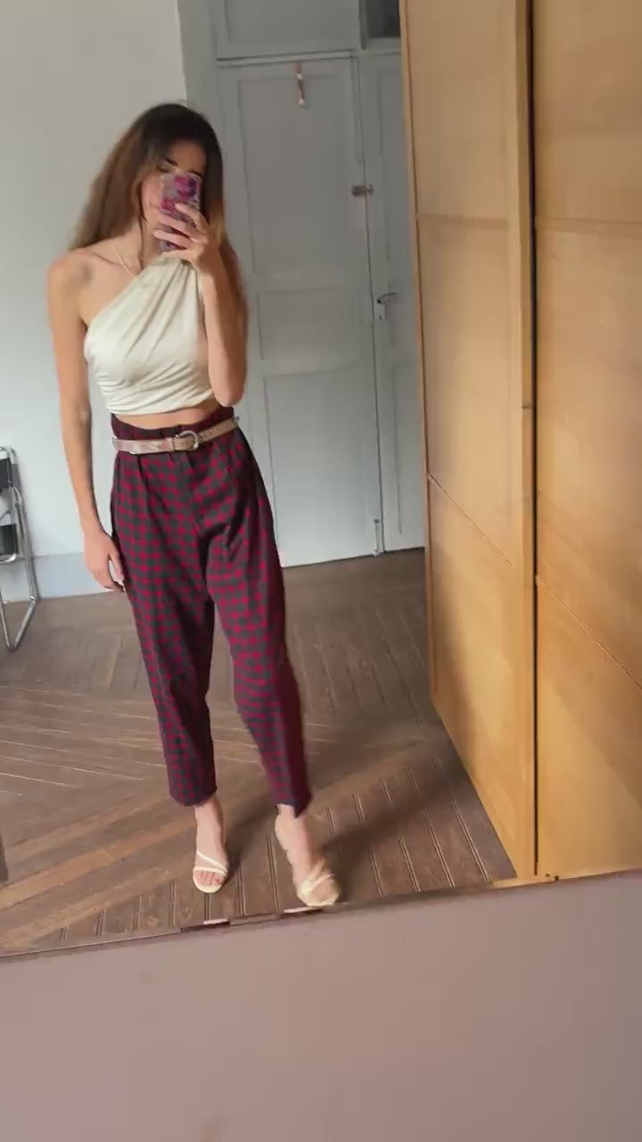 Vintage red plaid wool trousers punk inspired pants Gwen Stefani style 90s grunge tapered leg high waisted tailored fit