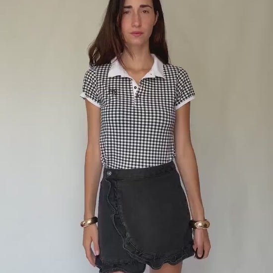 Pedro del Hierro black gingham stretch cotton polo shirt – retro 00s prep school aesthetic – short sleeve fitted top US XS