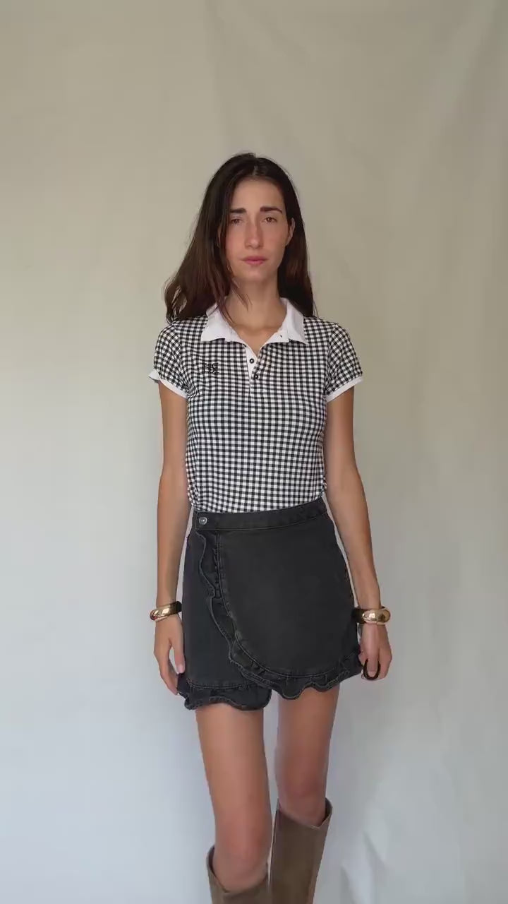 Pedro del Hierro black gingham stretch cotton polo shirt – retro 00s prep school aesthetic – short sleeve fitted top US XS