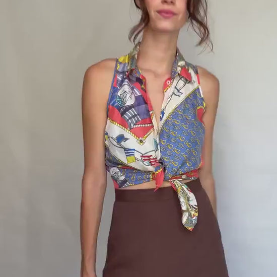 Vintage nautical print blouse, Tie front retro 80s top, Cher vibe, US S, summer streetwear