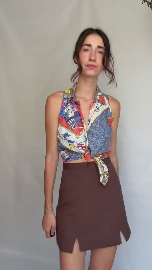 Vintage nautical print blouse, Tie front retro 80s top, Cher vibe, US S, summer streetwear