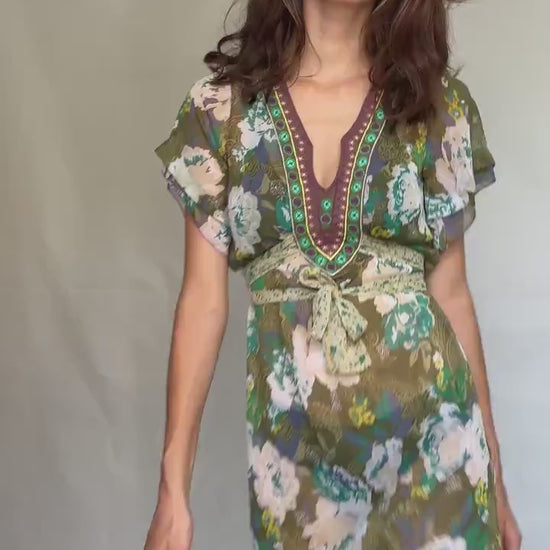 Multicolor floral mini dress, flowy fit, embroidered v neck,  bohemian grunge, US S, summer beachwear
