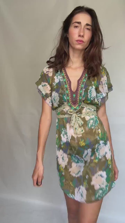 Multicolor floral mini dress, flowy fit, embroidered v neck,  bohemian grunge, US S, summer beachwear