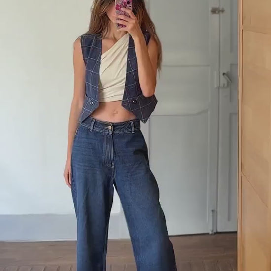 Vintage navy plaid waistcoat, wool feel, tailored fit, single button detail, dark academia, US S, campus style