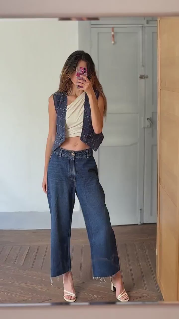 Vintage navy plaid waistcoat, wool feel, tailored fit, single button detail, dark academia, US S, campus style