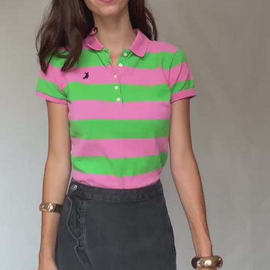 Vibrant Pink and Green Striped Polo Shirt, Preppy Style, Size L Slim Fit, Ideal for Casual and Y2K Aesthetics, made in Spain
