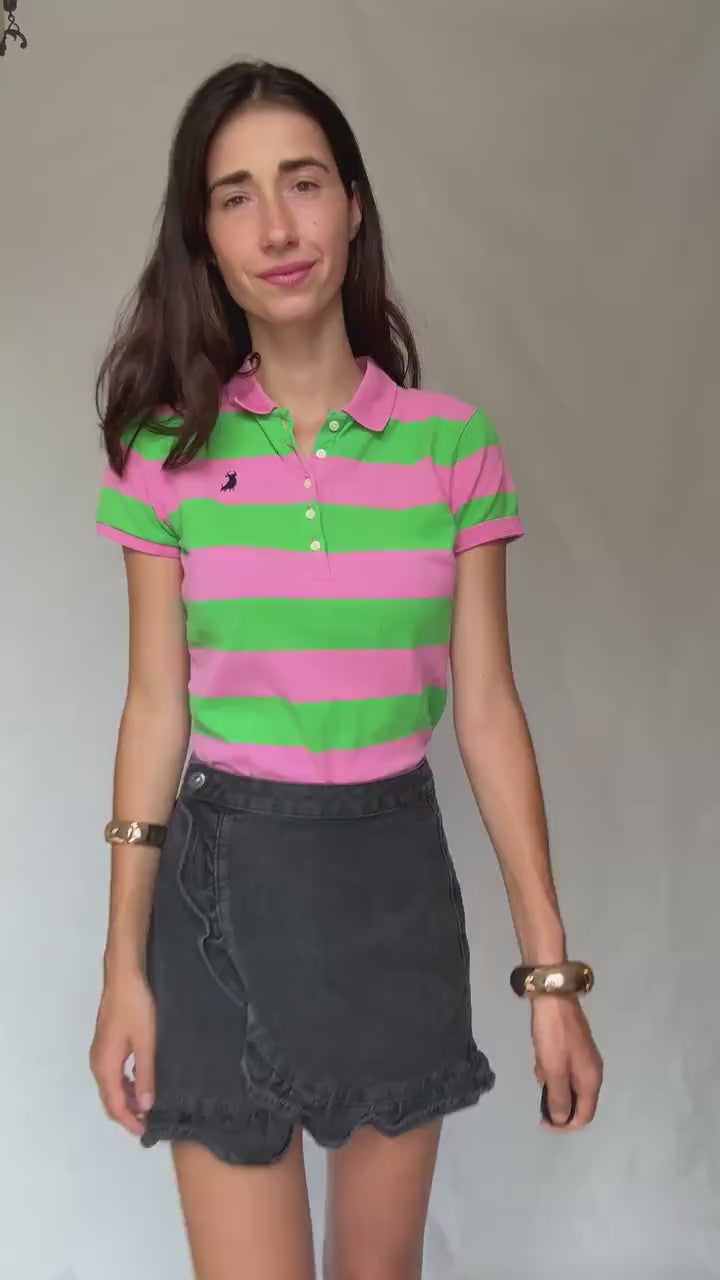 Vibrant Pink and Green Striped Polo Shirt, Preppy Style, Size L Slim Fit, Ideal for Casual and Y2K Aesthetics, made in Spain