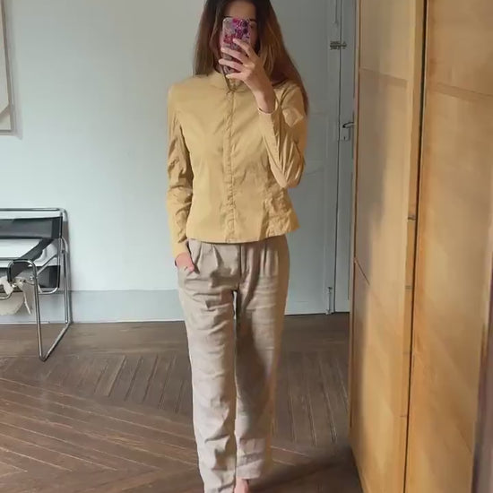 Modernist beigeminimalist button up shirt, mock neck long sleeve shirt, S