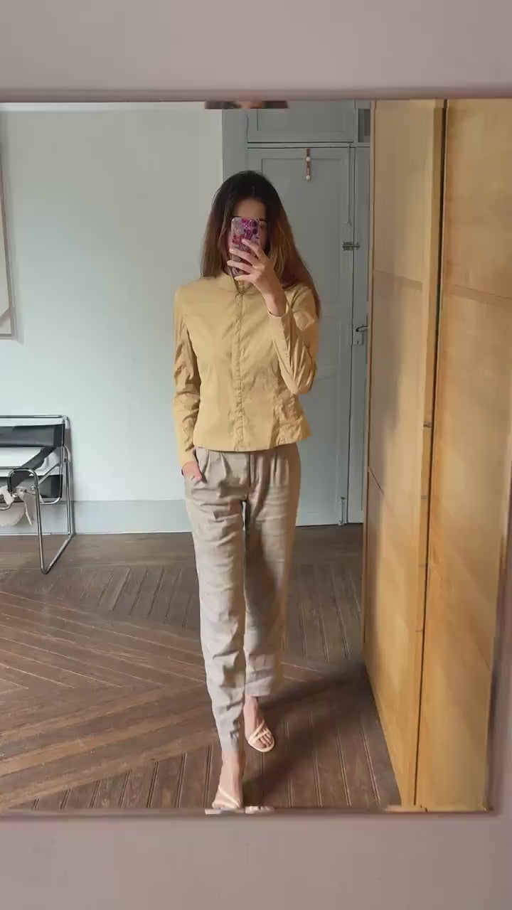 Modernist beigeminimalist button up shirt, mock neck long sleeve shirt, S