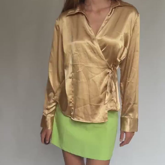 Gold satin wrap blouse by Jaramago – shiny tie-front long sleeve shirt – size 50 – adjustable fit – 100% polyester