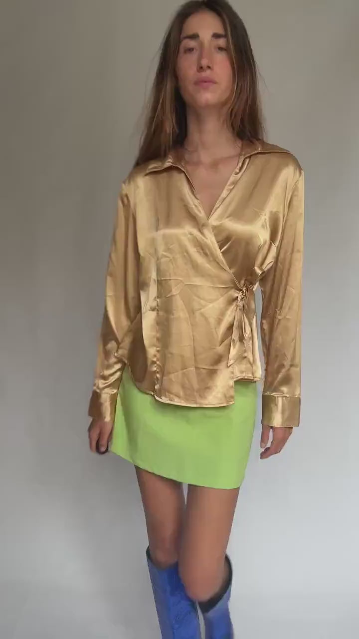 Gold satin wrap blouse by Jaramago – shiny tie-front long sleeve shirt – size 50 – adjustable fit – 100% polyester