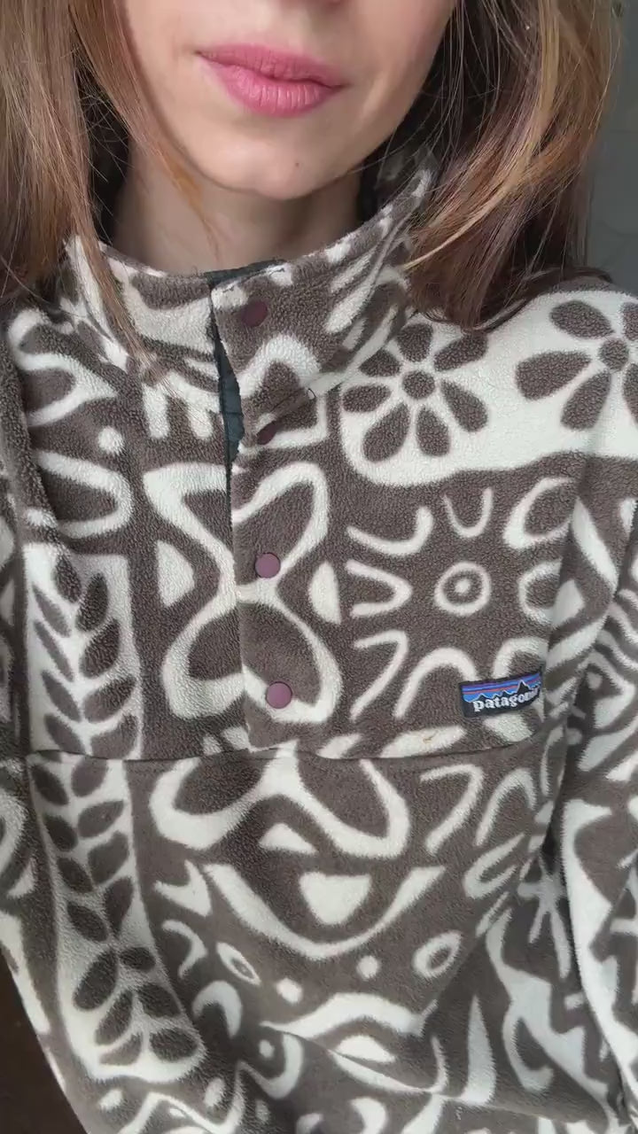Vintage patagonia synchilla fleece pullover – rare tribal print, brown/cream snap-t, made in usa, cozy retro unisex outerwear