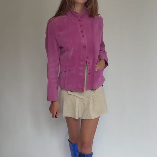 Vintage Pink Suede Jacket – Real Leather 90s Blazer Style with Mandarin Collar, Size L, Soft Retro Festival Statement Piece