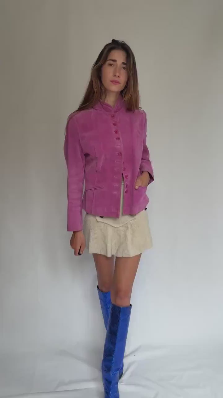 Vintage Pink Suede Jacket – Real Leather 90s Blazer Style with Mandarin Collar, Size L, Soft Retro Festival Statement Piece
