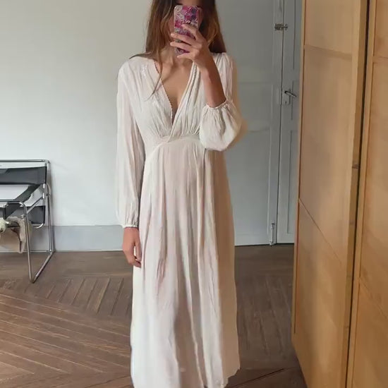 Authentic Vintage Ivory Nightgown – Long Silky feel Nightdress, Romantic Sleepwear, Boho Loungewear,  Cottage core Prairie Dress