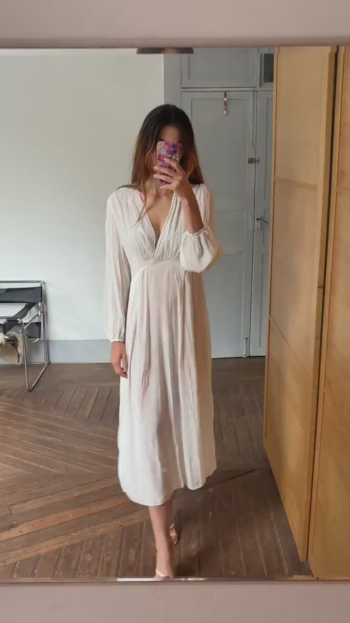 Authentic Vintage Ivory Nightgown – Long Silky feel Nightdress, Romantic Sleepwear, Boho Loungewear,  Cottage core Prairie Dress