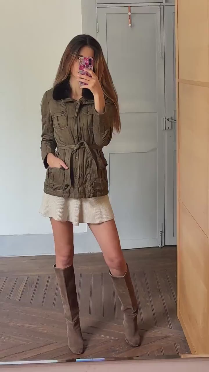 Laurèl moss green parka, Luxury vintage designer wear, Forest outing clothing,