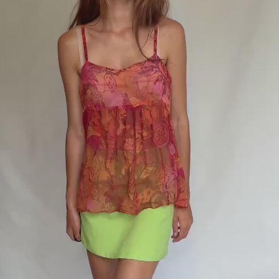 Sheer Floral Tank Top Patrice Bréal Size 42 – Sleeveless Flowy Blouse Pink Orange Tones Summer Layering Tee