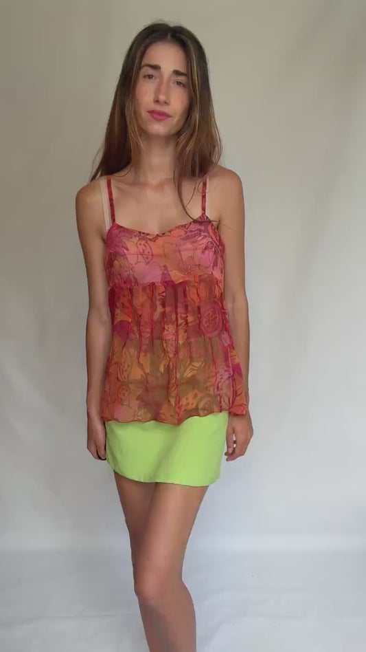 Sheer Floral Tank Top Patrice Bréal Size 42 – Sleeveless Flowy Blouse Pink Orange Tones Summer Layering Tee