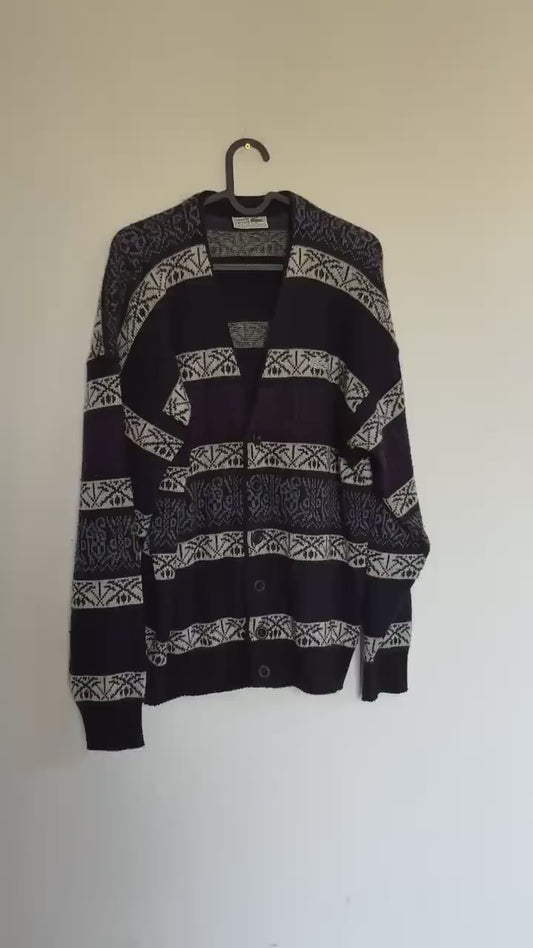 Vintage Lacoste wool blend cardigan, Fair Isle pattern, retro 80s style