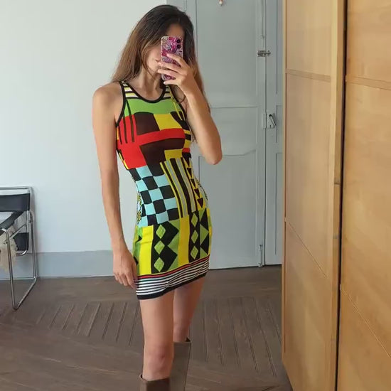 Vintage Colourful mini dress, Vibrant pop of colour bold geometric tight dress,  Retro aesthetic mini outfit, Size XS