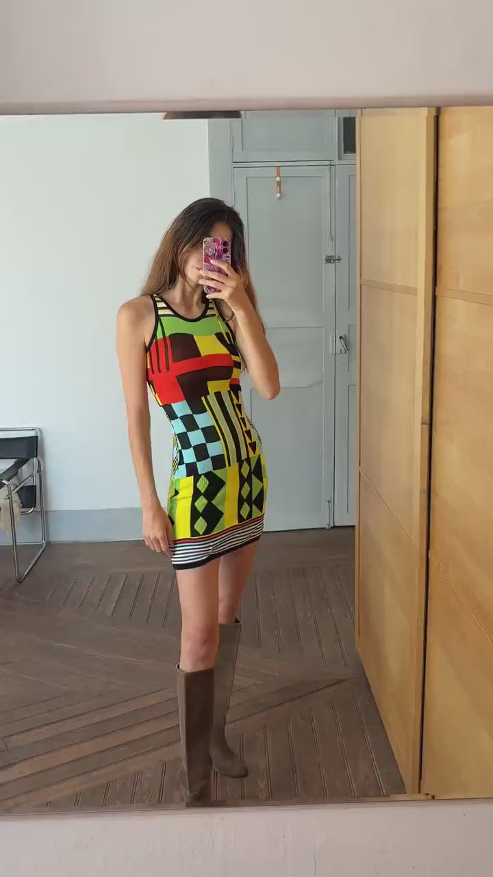 Vintage Colourful mini dress, Vibrant pop of colour bold geometric tight dress,  Retro aesthetic mini outfit, Size XS