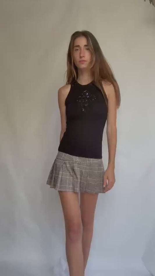 Leo Guy black sleeveless top with statement beaded neckline, elegant fitted blouse, size M/L, floral embroidery detail