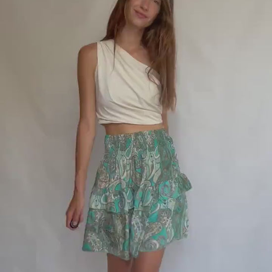 Paisley ruffle mini skirt in teal silk blend by Bigg Bull, elastic waist tiered summer skirt, boho lightweight flowy fit