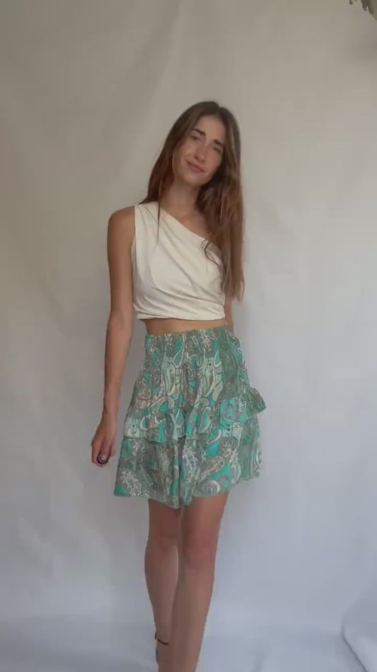 Paisley ruffle mini skirt in teal silk blend by Bigg Bull, elastic waist tiered summer skirt, boho lightweight flowy fit