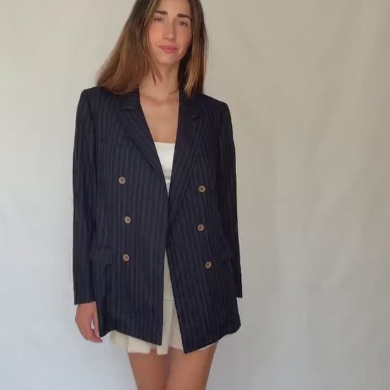 Vintage Francesco Smalto Pinstripe Blazer – Oversized French Navy Blue Unisex Jacket, Isabel Marant Vibes, Parisian Street Style