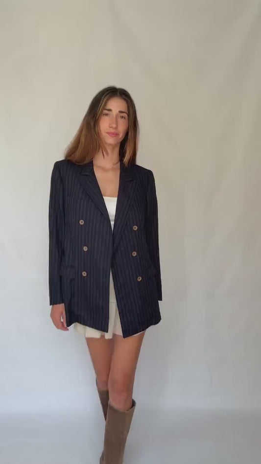 Vintage Francesco Smalto Pinstripe Blazer – Oversized French Navy Blue Unisex Jacket, Isabel Marant Vibes, Parisian Street Style