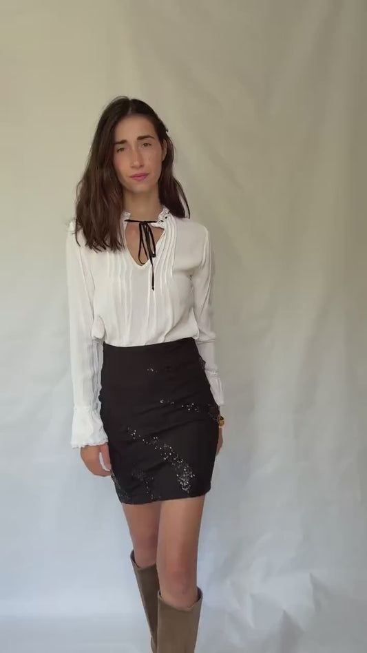 Sophisticated Morgan Skirt with Sequined Accents in Black for a US Size 4 - 6 with Y2K and Minimalist Vibe, Tilda Swinton Style