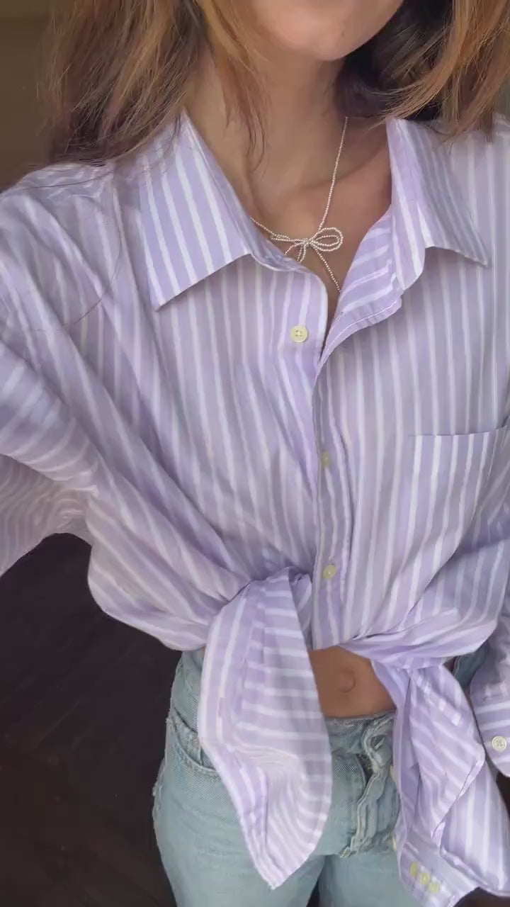 Vintage Emidio Tucci Lavender Stripe Shirt, Men’s Size 8, Cotton oversized button down, Knot tie crop top, Size XL