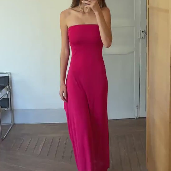 Sexy Vintage dark pink strapless evening dress, Bandeau long pink wedding guest dress, Retro 2000s bubblegum maxi dress, Size XS - S