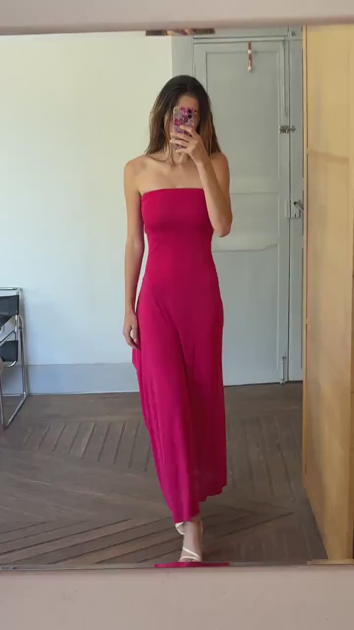 Sexy Vintage dark pink strapless evening dress, Bandeau long pink wedding guest dress, Retro 2000s bubblegum maxi dress, Size XS - S