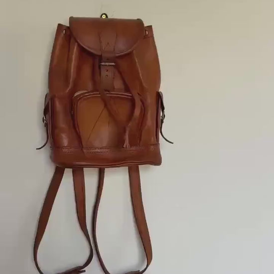 Vintage small brown leather backpack, bohemian festival bag