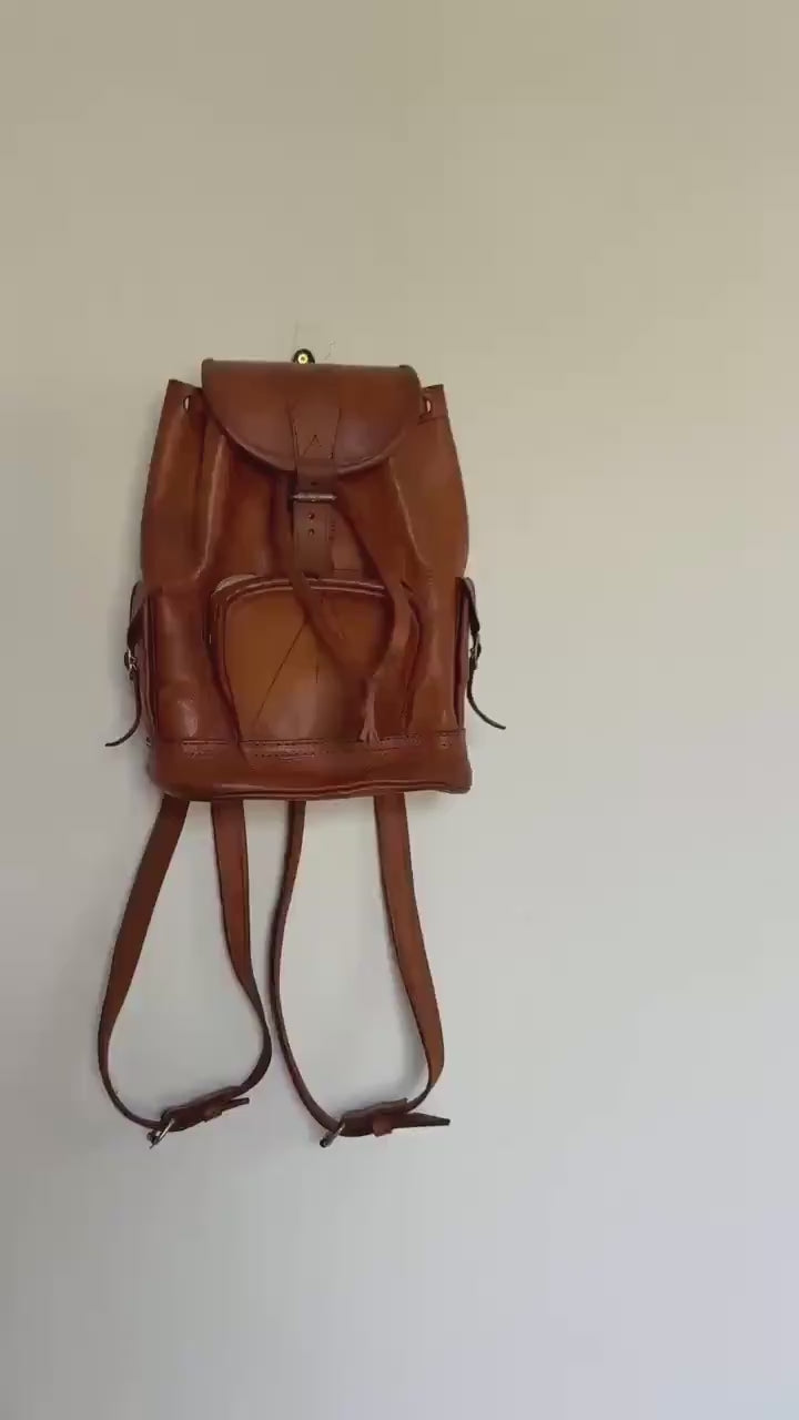 Vintage small brown leather backpack, bohemian festival bag