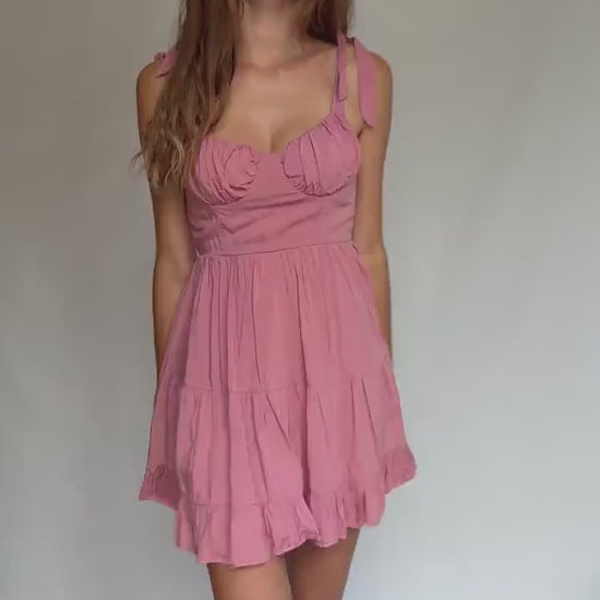 Pink 100% cotton mini dress with adjustable straps and back zip – ruffled hem summer dress with structured bust