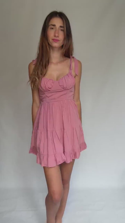 Pink 100% cotton mini dress with adjustable straps and back zip – ruffled hem summer dress with structured bust