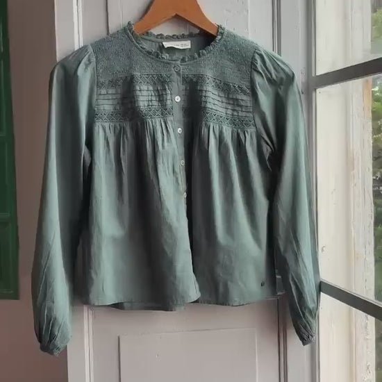 Romantic Sage Green Cotton Blouse, Womens size XXS Prairie Top, Cottagecore Feminine Button Shirt