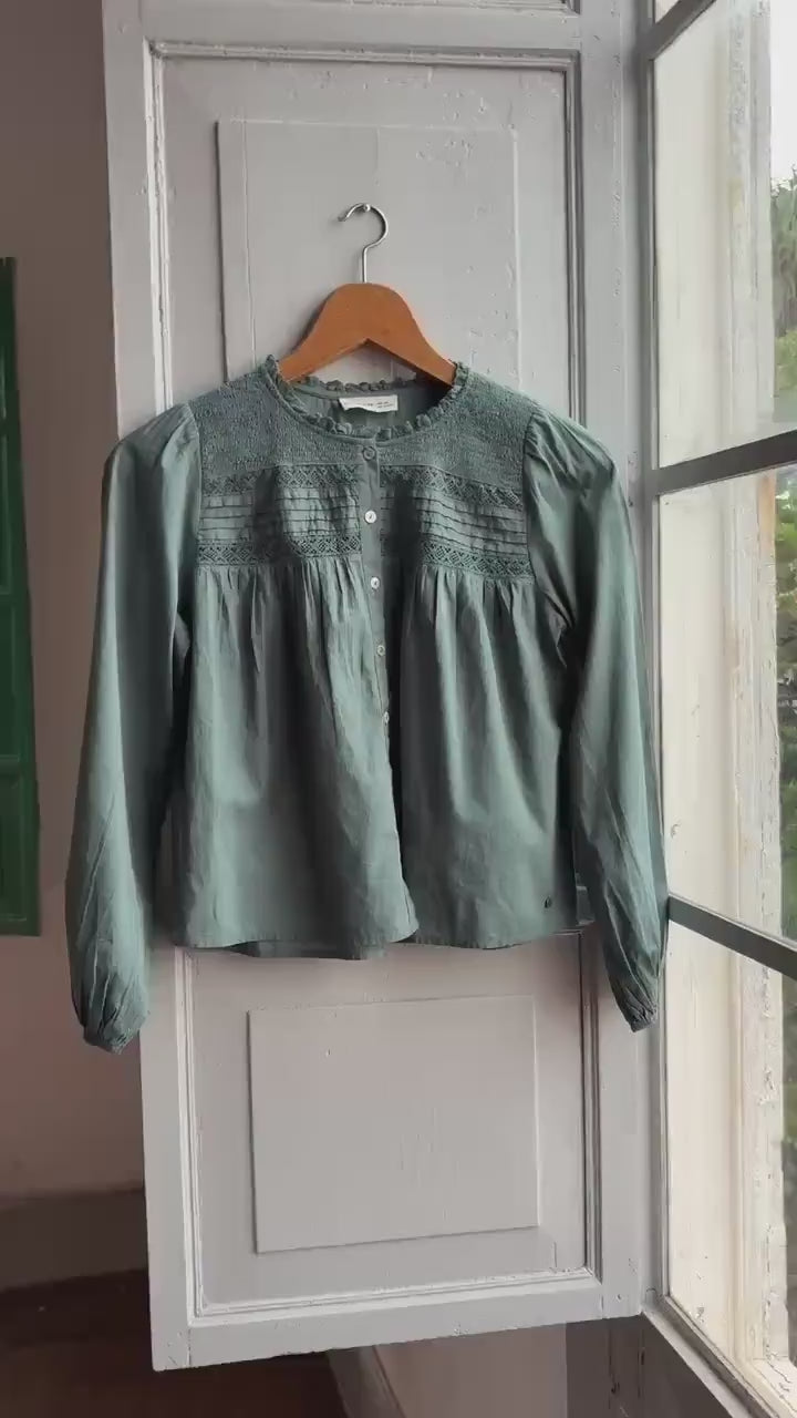 Romantic Sage Green Cotton Blouse, Womens size XXS Prairie Top, Cottagecore Feminine Button Shirt