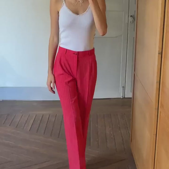 Vintage red and white pinstripe woman pants, high waist trousers, Luxury straight leg pants