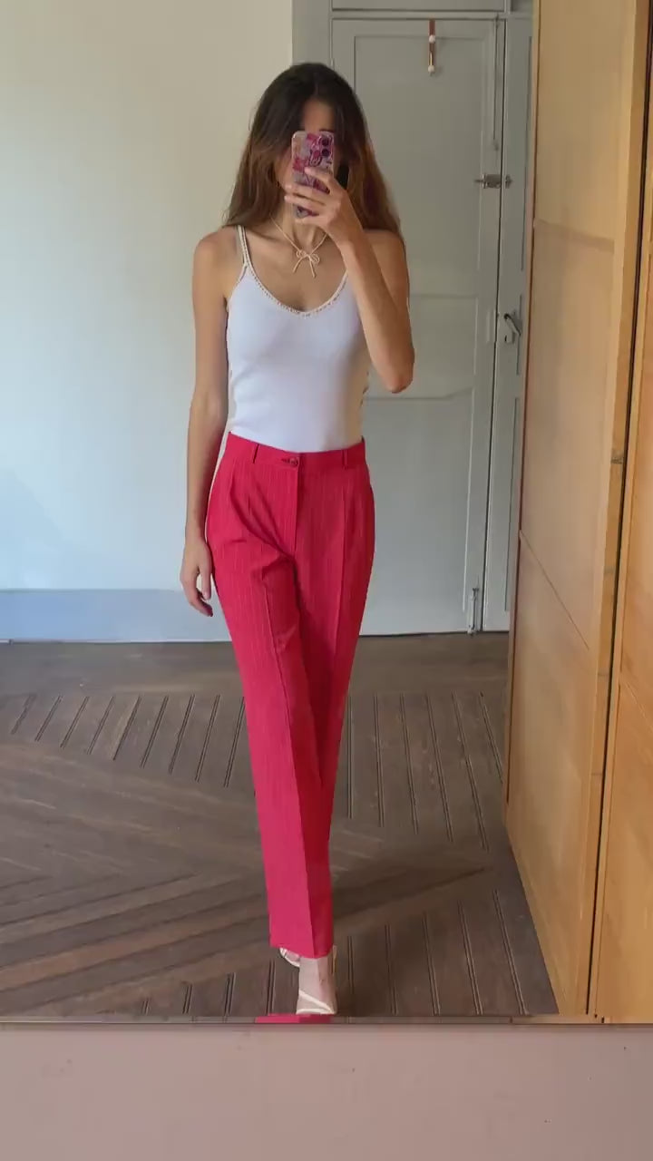 Vintage red and white pinstripe woman pants, high waist trousers, Luxury straight leg pants