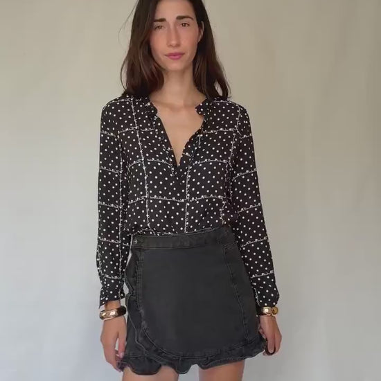 Black and white 100% modal blouse S with roll-up sleeves, preppy lightweight shirt, dot grid top, soft Benetton casual office style